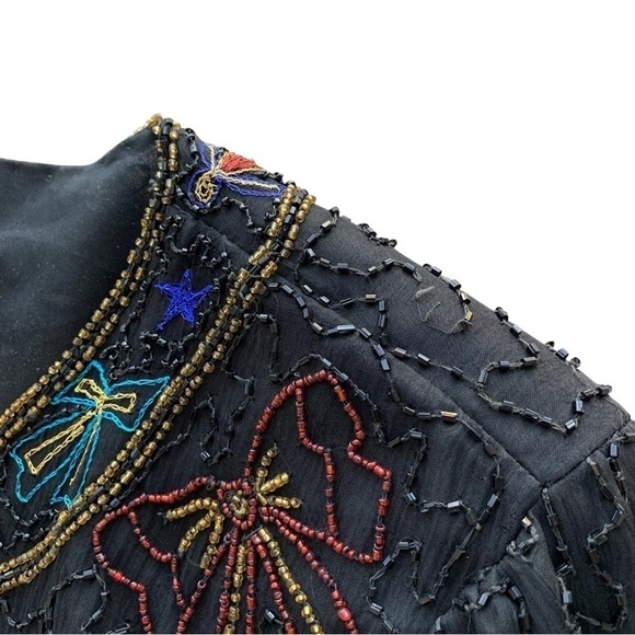 Vtg Stenay Silk Beaded Embroidered Bows Bells Cropped Formal Jacket Black Size M - Picture 6 of 8